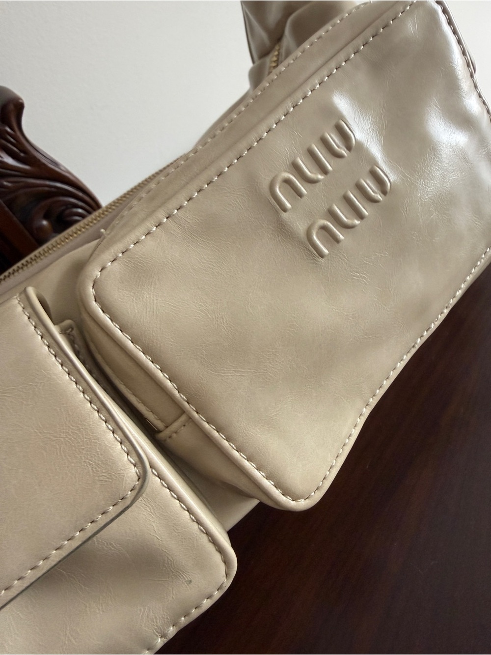 Miu Miu Cream Leather Dual-Pocket Crossbody Belt Bag